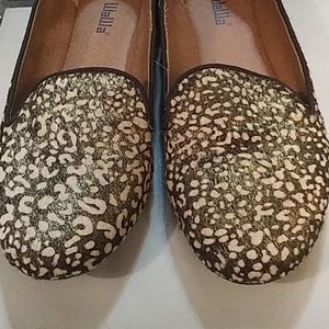 Anthropologie Bronze and tan faux fur flats